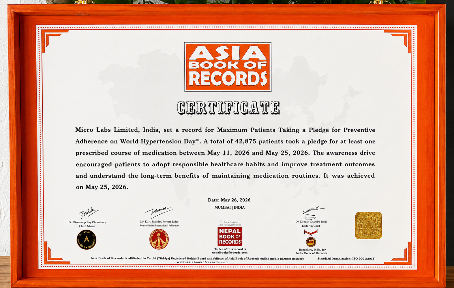 Asia Book of Records certificate awarded to Micro Labs Limited